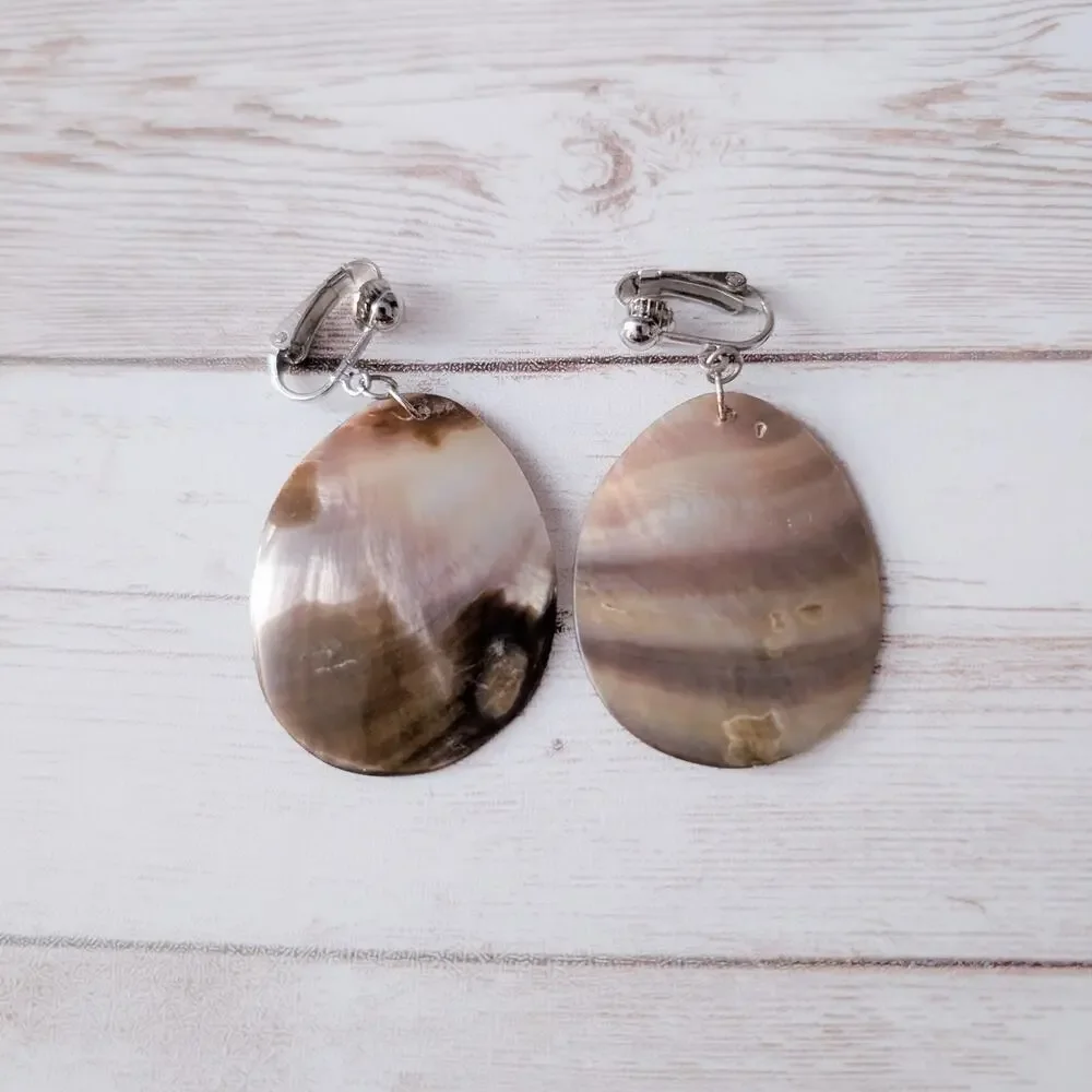 Vintage Clip On Earrings Brown Tones Shell? Dangle Statement Boho Feel